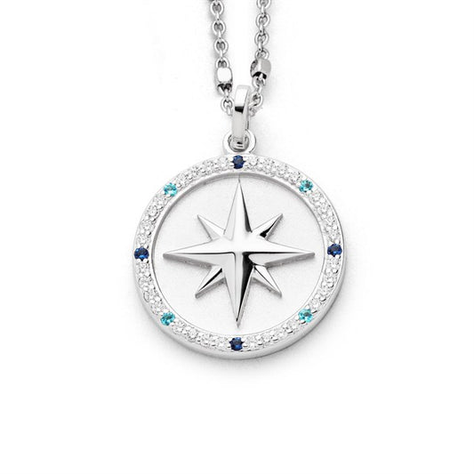 Anhänger "Kompassrose 2.0" aus rhodiniertem 925er Sterling-Silber, mit 40 Zirkoniasteinen in Weiß, Hellblau und Dunkelblau und mattierter Oberfläche im Inneren.